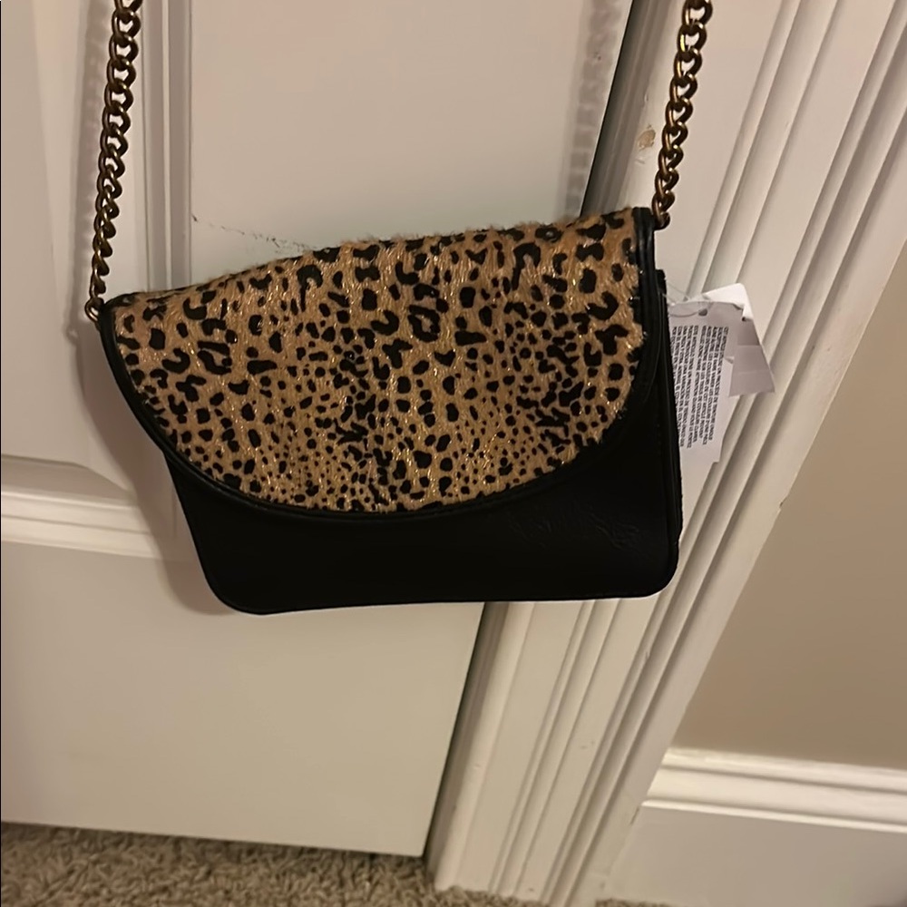 Leopard Print Black Chain Strap Bag